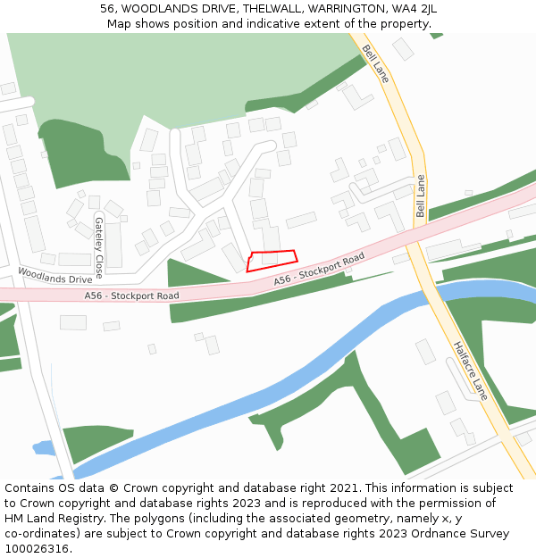 56, WOODLANDS DRIVE, THELWALL, WARRINGTON, WA4 2JL: Location map and indicative extent of plot