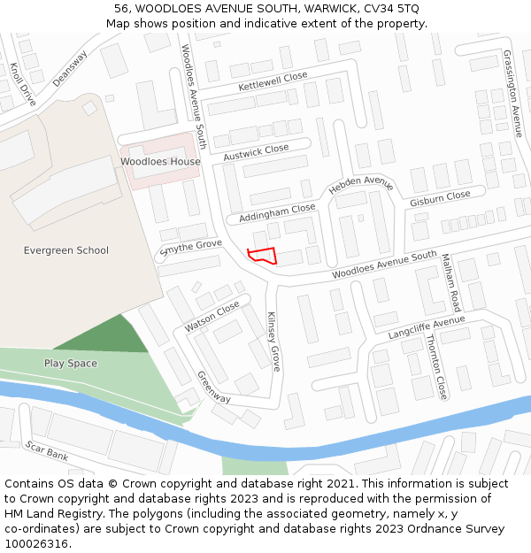 56, WOODLOES AVENUE SOUTH, WARWICK, CV34 5TQ: Location map and indicative extent of plot