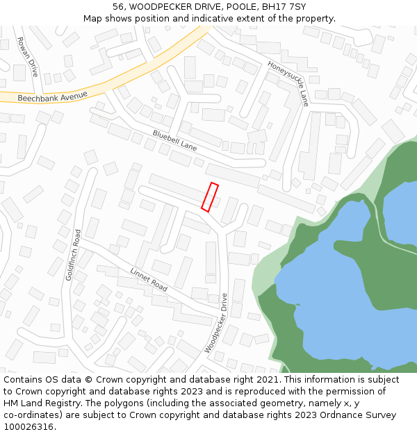 56, WOODPECKER DRIVE, POOLE, BH17 7SY: Location map and indicative extent of plot