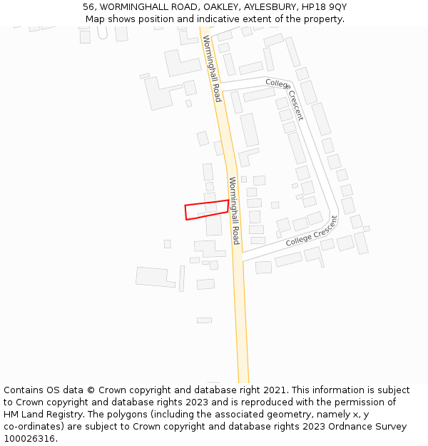 56, WORMINGHALL ROAD, OAKLEY, AYLESBURY, HP18 9QY: Location map and indicative extent of plot