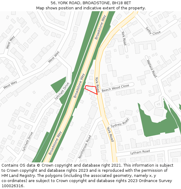 56, YORK ROAD, BROADSTONE, BH18 8ET: Location map and indicative extent of plot