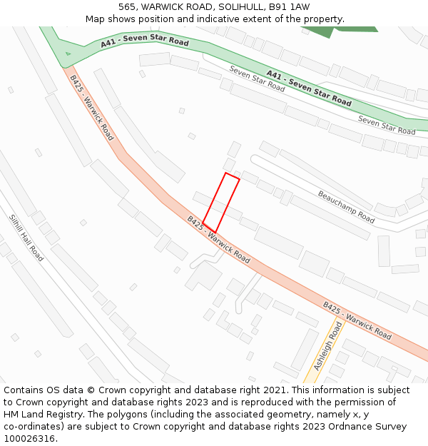 565, WARWICK ROAD, SOLIHULL, B91 1AW: Location map and indicative extent of plot