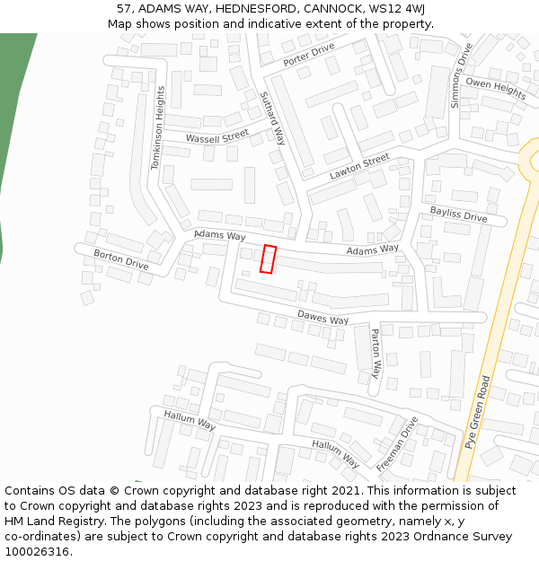 57, ADAMS WAY, HEDNESFORD, CANNOCK, WS12 4WJ: Location map and indicative extent of plot