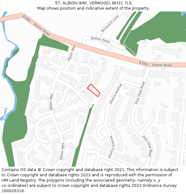 57, ALBION WAY, VERWOOD, BH31 7LS: Location map and indicative extent of plot