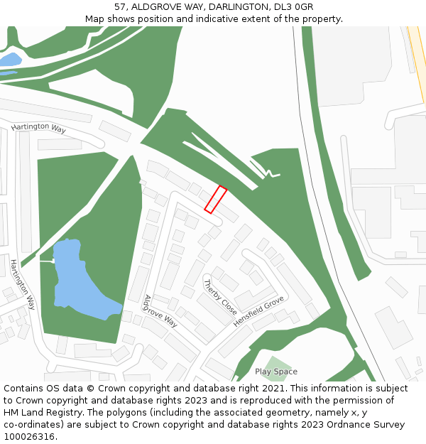 57, ALDGROVE WAY, DARLINGTON, DL3 0GR: Location map and indicative extent of plot