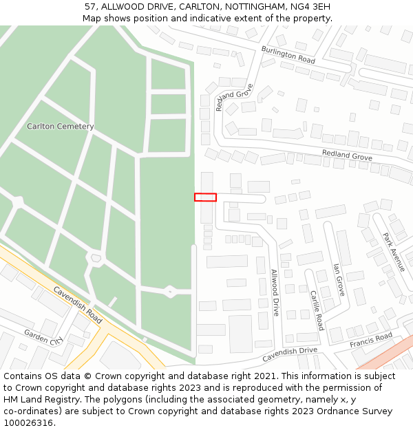 57, ALLWOOD DRIVE, CARLTON, NOTTINGHAM, NG4 3EH: Location map and indicative extent of plot