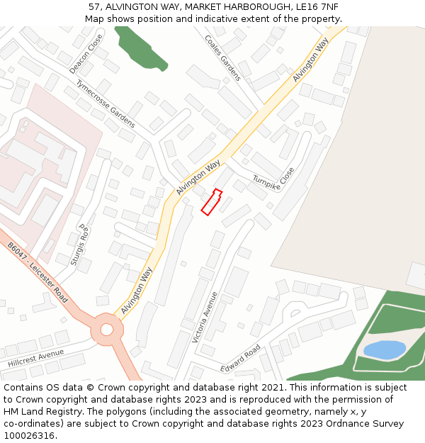 57, ALVINGTON WAY, MARKET HARBOROUGH, LE16 7NF: Location map and indicative extent of plot