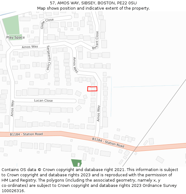 57, AMOS WAY, SIBSEY, BOSTON, PE22 0SU: Location map and indicative extent of plot