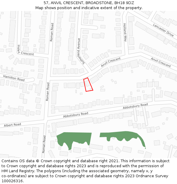 57, ANVIL CRESCENT, BROADSTONE, BH18 9DZ: Location map and indicative extent of plot