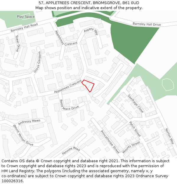 57, APPLETREES CRESCENT, BROMSGROVE, B61 0UD: Location map and indicative extent of plot