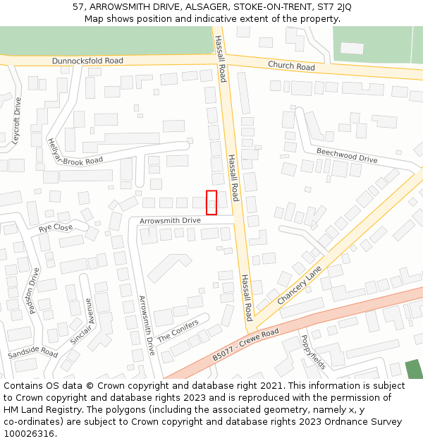 57, ARROWSMITH DRIVE, ALSAGER, STOKE-ON-TRENT, ST7 2JQ: Location map and indicative extent of plot