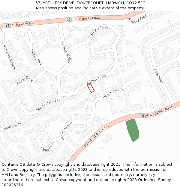 57, ARTILLERY DRIVE, DOVERCOURT, HARWICH, CO12 5FG: Location map and indicative extent of plot