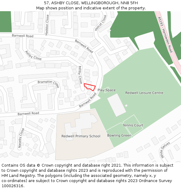 57, ASHBY CLOSE, WELLINGBOROUGH, NN8 5FH: Location map and indicative extent of plot