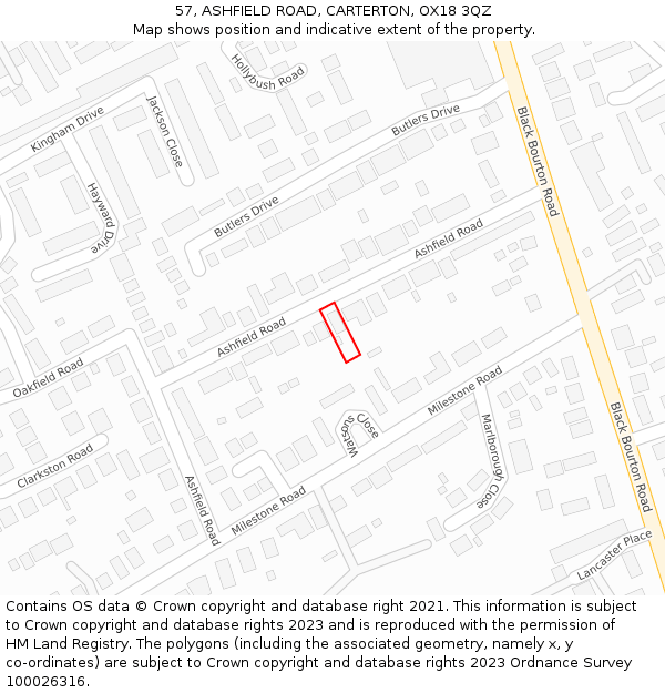 57, ASHFIELD ROAD, CARTERTON, OX18 3QZ: Location map and indicative extent of plot