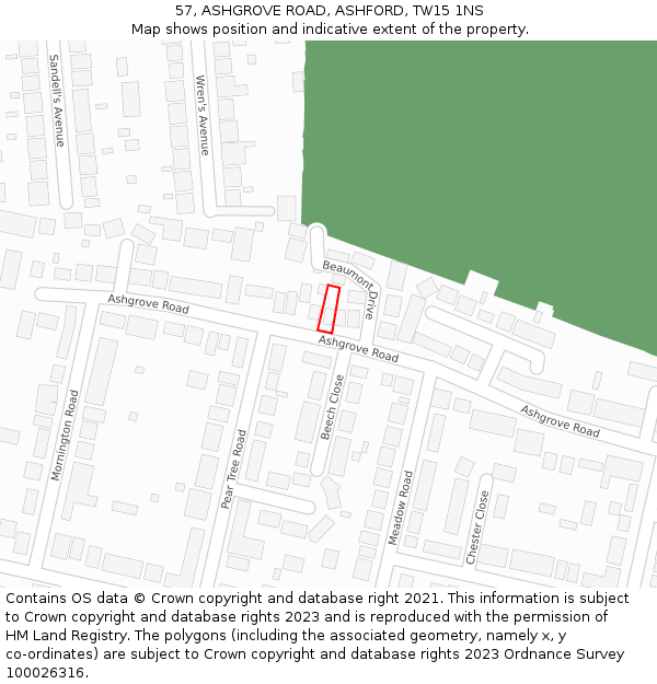 57, ASHGROVE ROAD, ASHFORD, TW15 1NS: Location map and indicative extent of plot