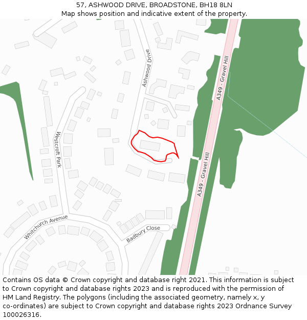 57, ASHWOOD DRIVE, BROADSTONE, BH18 8LN: Location map and indicative extent of plot