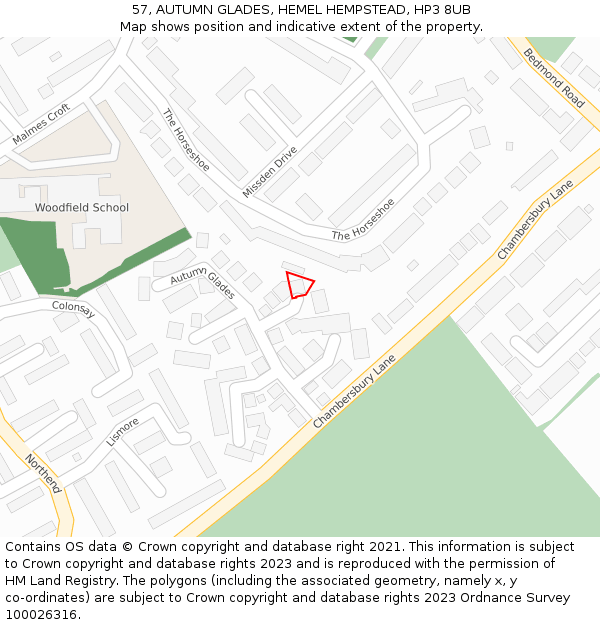 57, AUTUMN GLADES, HEMEL HEMPSTEAD, HP3 8UB: Location map and indicative extent of plot