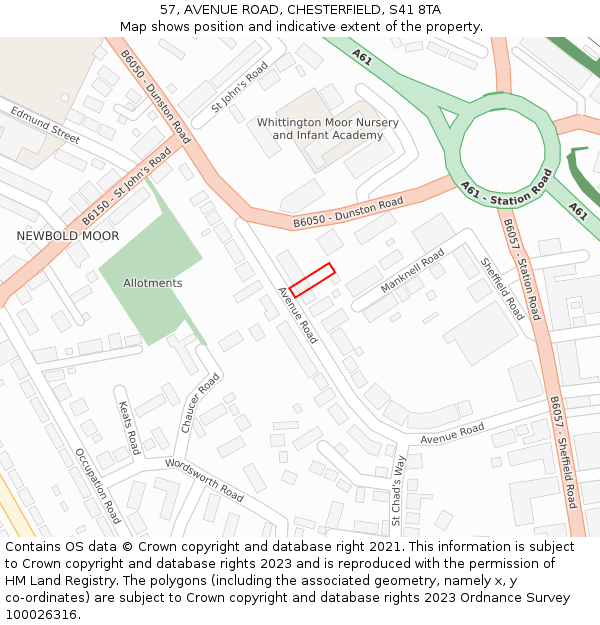 57, AVENUE ROAD, CHESTERFIELD, S41 8TA: Location map and indicative extent of plot