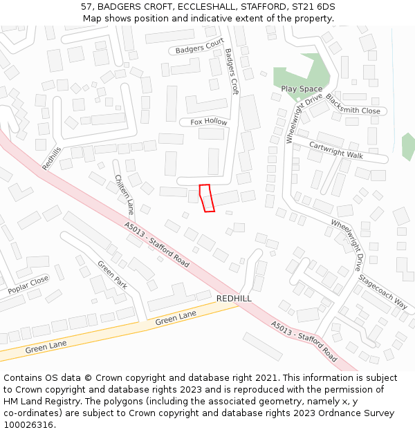 57, BADGERS CROFT, ECCLESHALL, STAFFORD, ST21 6DS: Location map and indicative extent of plot