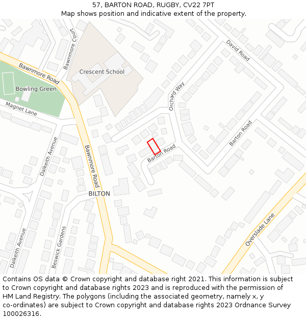 57, BARTON ROAD, RUGBY, CV22 7PT: Location map and indicative extent of plot