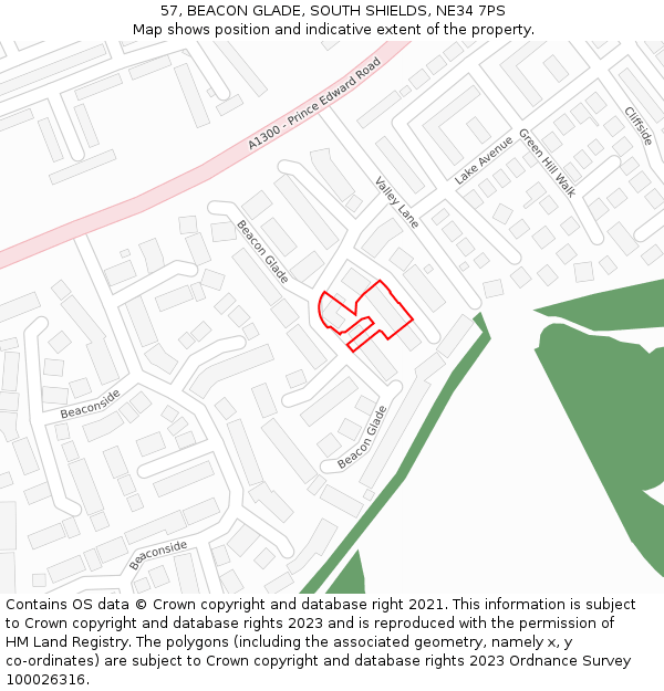 57, BEACON GLADE, SOUTH SHIELDS, NE34 7PS: Location map and indicative extent of plot
