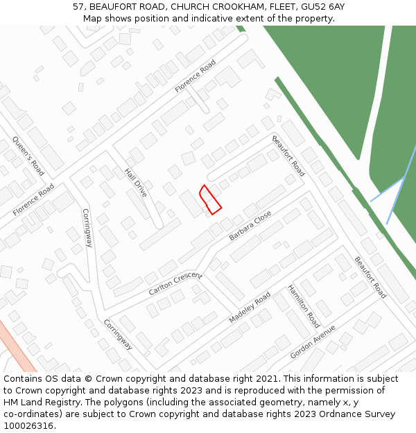 57, BEAUFORT ROAD, CHURCH CROOKHAM, FLEET, GU52 6AY: Location map and indicative extent of plot