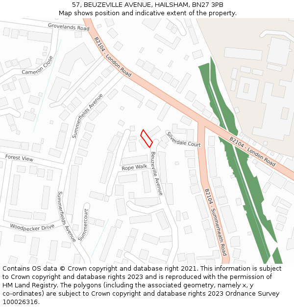 57, BEUZEVILLE AVENUE, HAILSHAM, BN27 3PB: Location map and indicative extent of plot