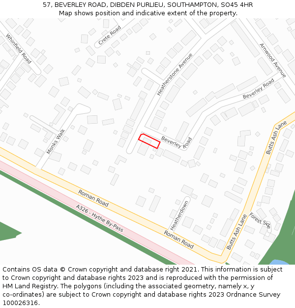 57, BEVERLEY ROAD, DIBDEN PURLIEU, SOUTHAMPTON, SO45 4HR: Location map and indicative extent of plot
