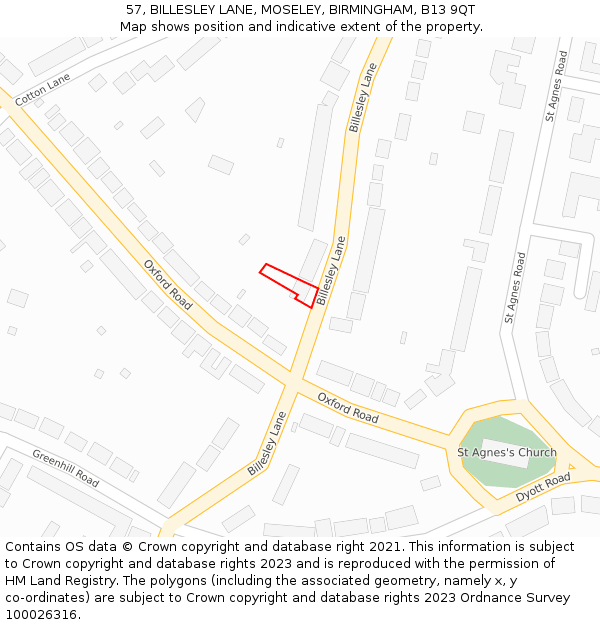 57, BILLESLEY LANE, MOSELEY, BIRMINGHAM, B13 9QT: Location map and indicative extent of plot