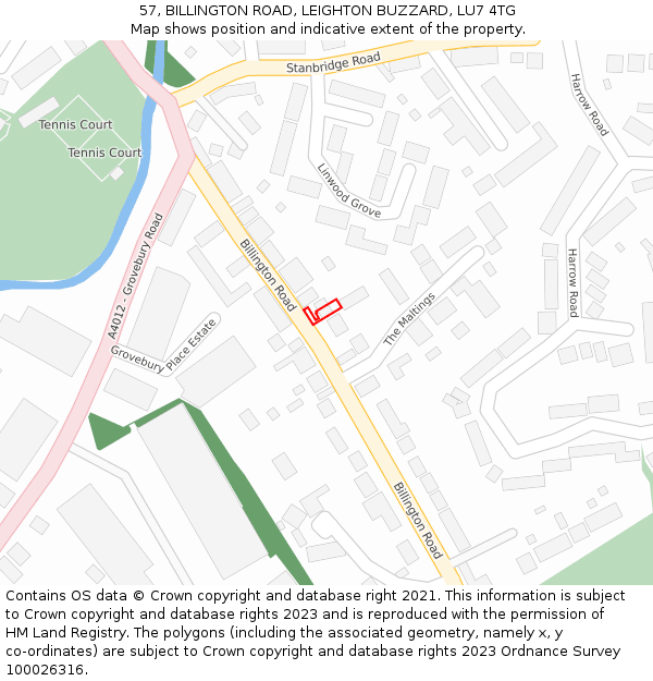 57, BILLINGTON ROAD, LEIGHTON BUZZARD, LU7 4TG: Location map and indicative extent of plot