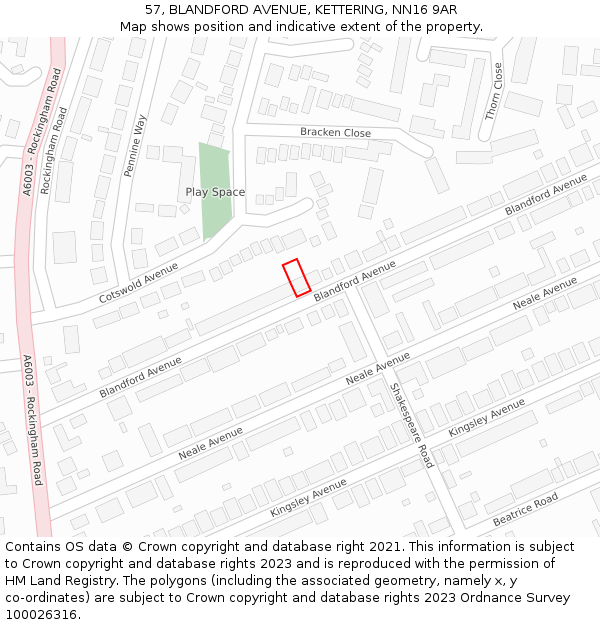 57, BLANDFORD AVENUE, KETTERING, NN16 9AR: Location map and indicative extent of plot