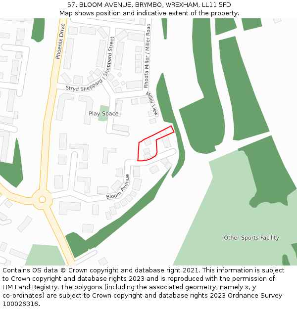 57, BLOOM AVENUE, BRYMBO, WREXHAM, LL11 5FD: Location map and indicative extent of plot