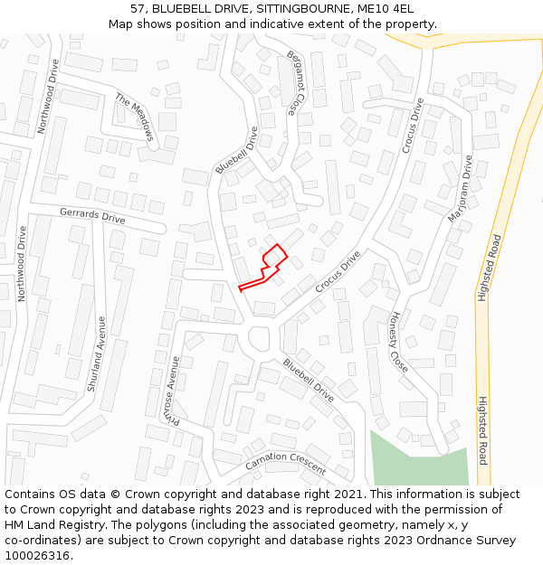 57, BLUEBELL DRIVE, SITTINGBOURNE, ME10 4EL: Location map and indicative extent of plot