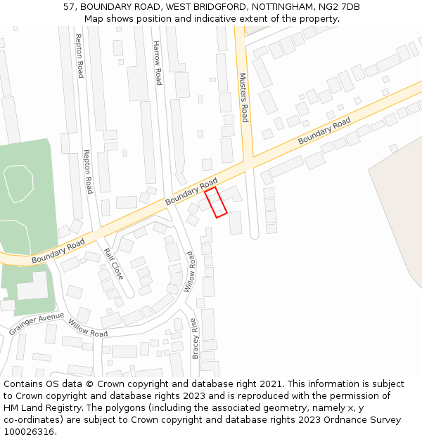 57, BOUNDARY ROAD, WEST BRIDGFORD, NOTTINGHAM, NG2 7DB: Location map and indicative extent of plot