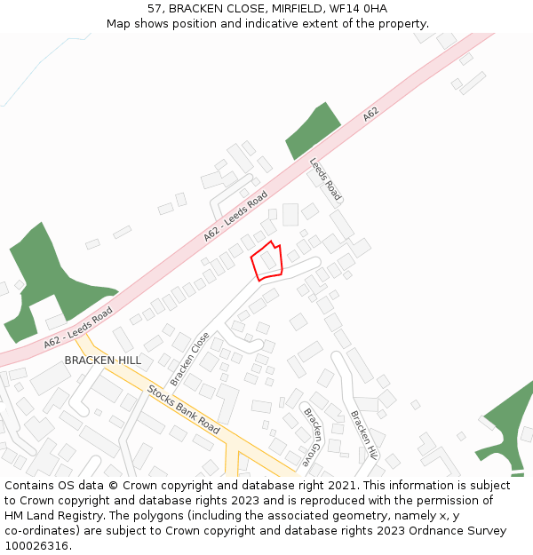 57, BRACKEN CLOSE, MIRFIELD, WF14 0HA: Location map and indicative extent of plot