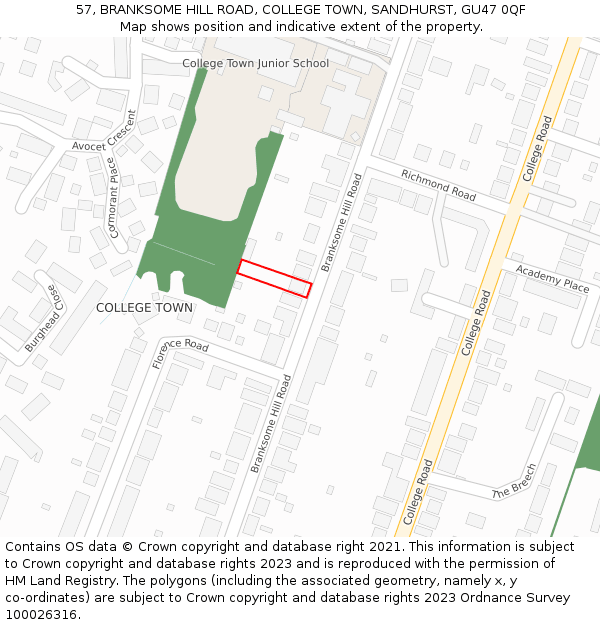 57, BRANKSOME HILL ROAD, COLLEGE TOWN, SANDHURST, GU47 0QF: Location map and indicative extent of plot