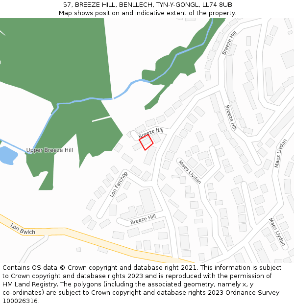 57, BREEZE HILL, BENLLECH, TYN-Y-GONGL, LL74 8UB: Location map and indicative extent of plot