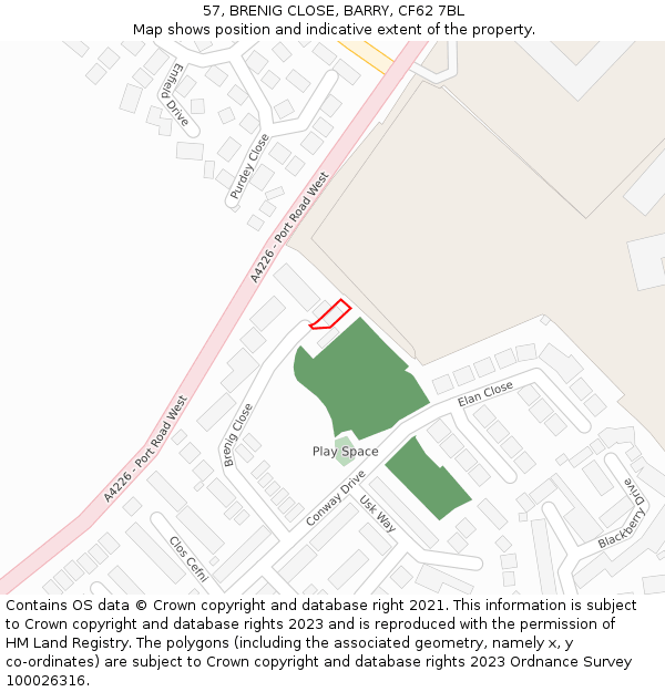 57, BRENIG CLOSE, BARRY, CF62 7BL: Location map and indicative extent of plot