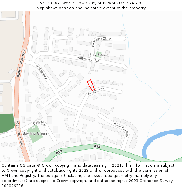 57, BRIDGE WAY, SHAWBURY, SHREWSBURY, SY4 4PG: Location map and indicative extent of plot