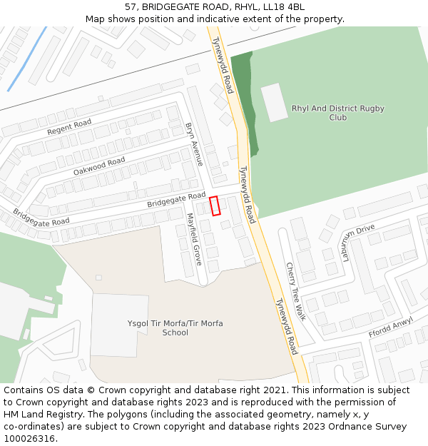 57, BRIDGEGATE ROAD, RHYL, LL18 4BL: Location map and indicative extent of plot