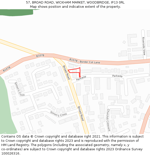 57, BROAD ROAD, WICKHAM MARKET, WOODBRIDGE, IP13 0RL: Location map and indicative extent of plot