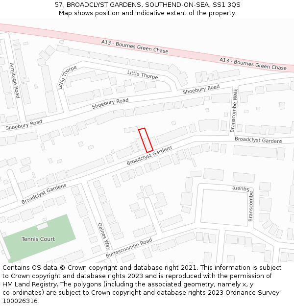 57, BROADCLYST GARDENS, SOUTHEND-ON-SEA, SS1 3QS: Location map and indicative extent of plot