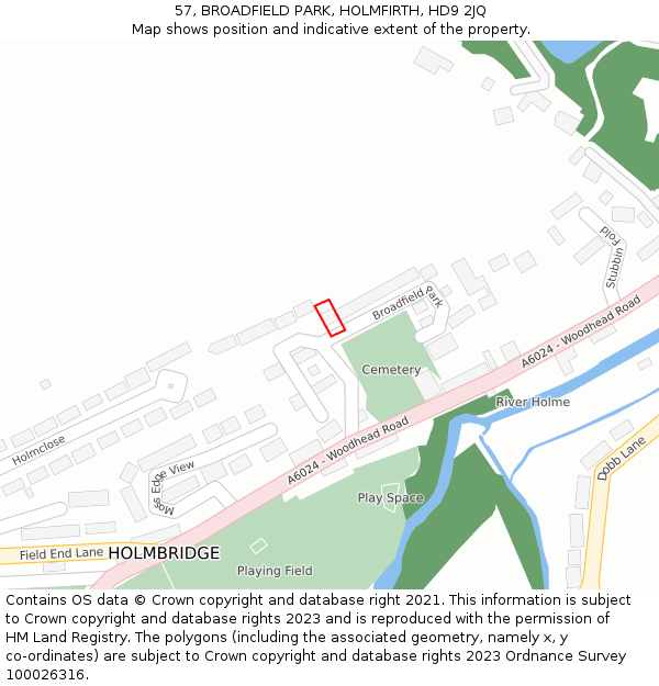 57, BROADFIELD PARK, HOLMFIRTH, HD9 2JQ: Location map and indicative extent of plot