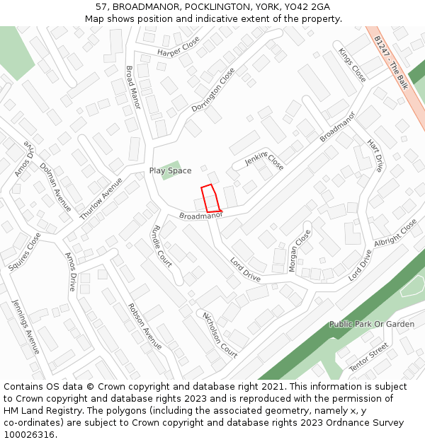 57, BROADMANOR, POCKLINGTON, YORK, YO42 2GA: Location map and indicative extent of plot