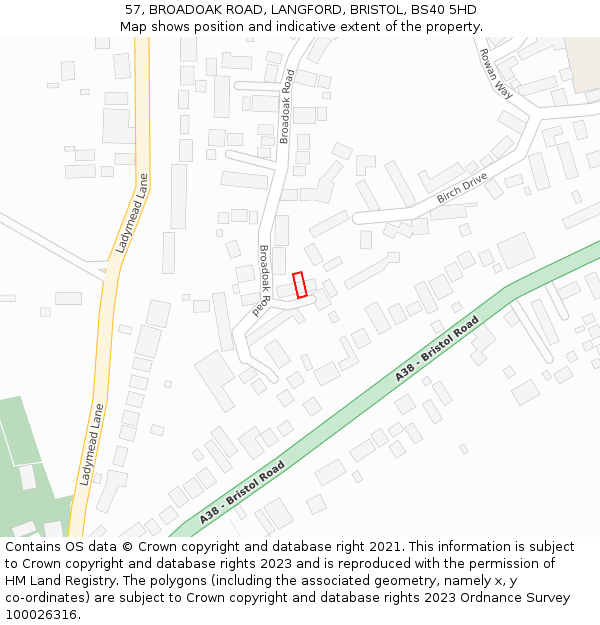 57, BROADOAK ROAD, LANGFORD, BRISTOL, BS40 5HD: Location map and indicative extent of plot