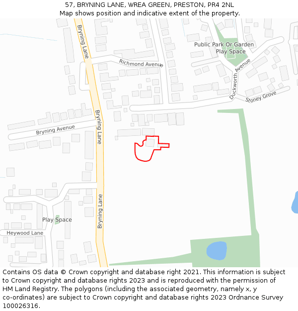 57, BRYNING LANE, WREA GREEN, PRESTON, PR4 2NL: Location map and indicative extent of plot