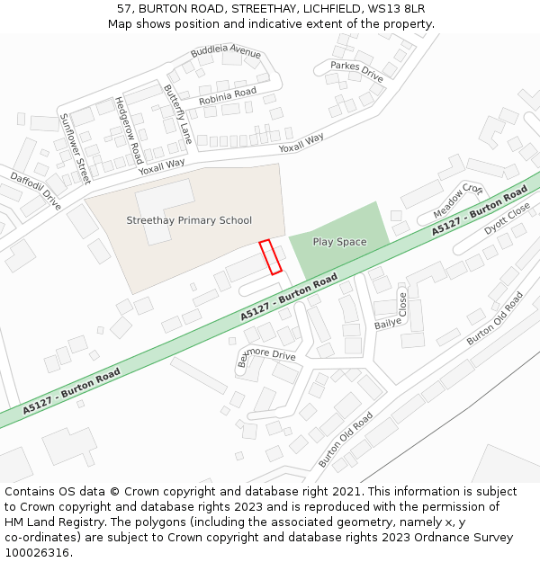 57, BURTON ROAD, STREETHAY, LICHFIELD, WS13 8LR: Location map and indicative extent of plot