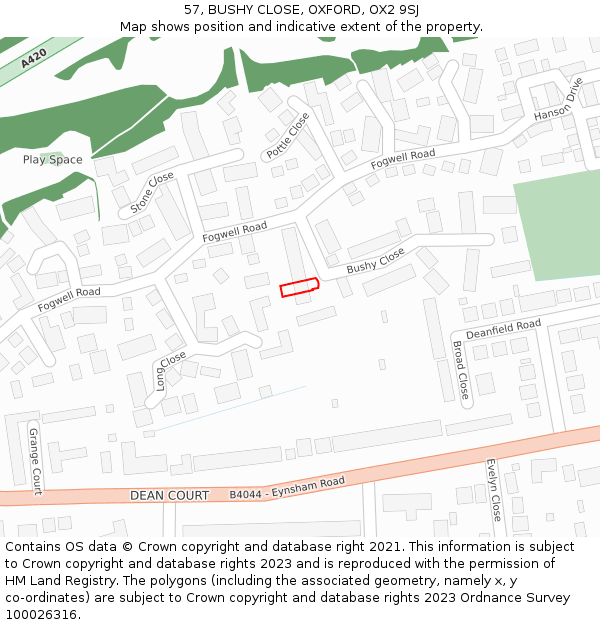 57, BUSHY CLOSE, OXFORD, OX2 9SJ: Location map and indicative extent of plot