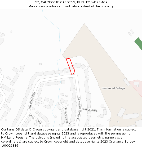 57, CALDECOTE GARDENS, BUSHEY, WD23 4GP: Location map and indicative extent of plot