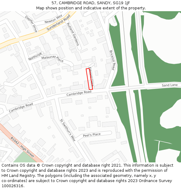 57, CAMBRIDGE ROAD, SANDY, SG19 1JF: Location map and indicative extent of plot